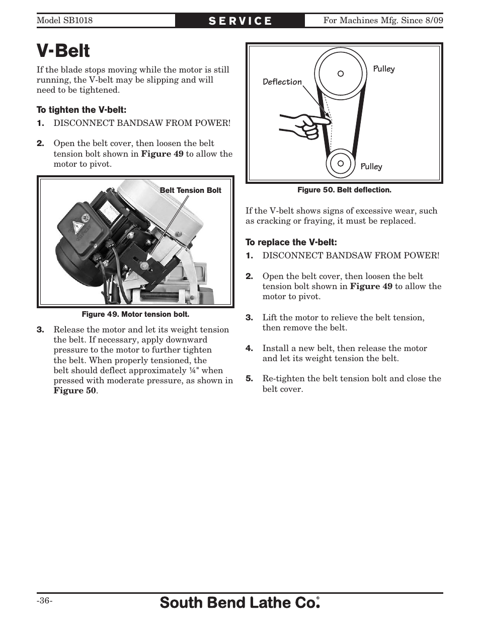 V-belt | Southbend Swivel Mast Bandsaw sb1018 User Manual | Page 38 / 56