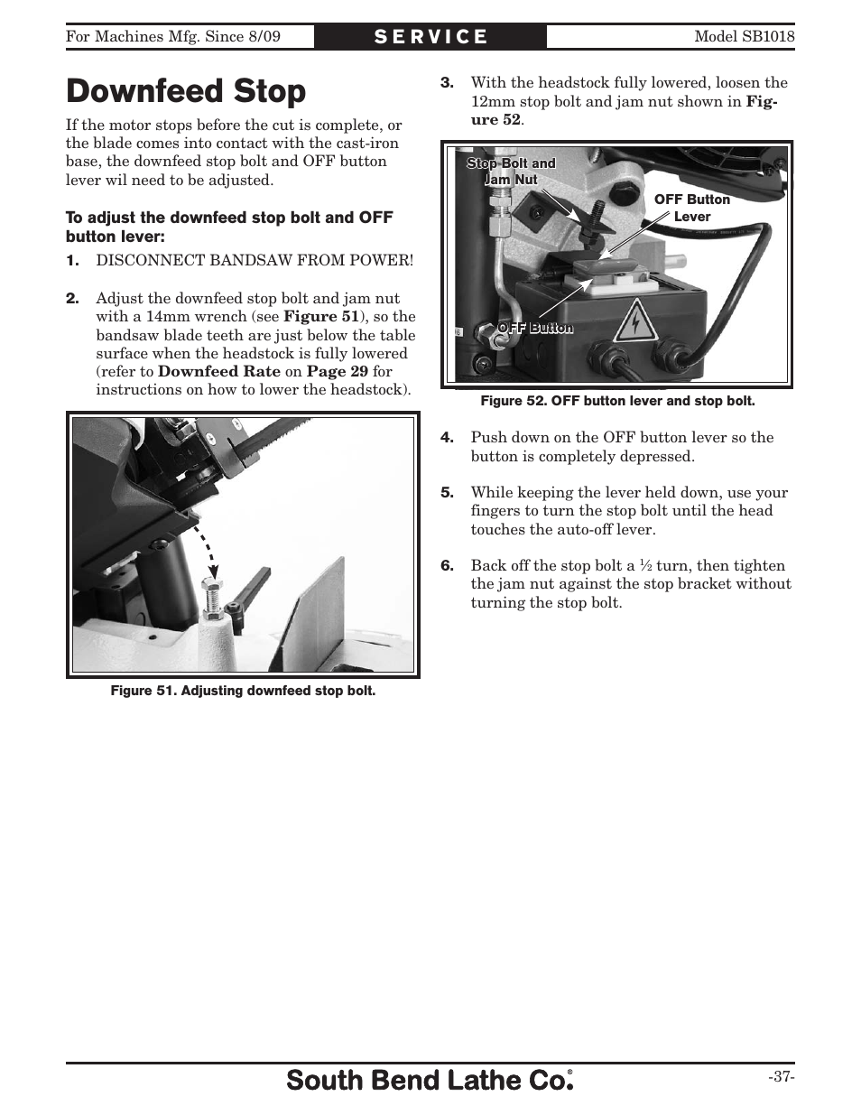 Downfeed stop | Southbend Swivel Mast Bandsaw sb1018 User Manual | Page 39 / 56