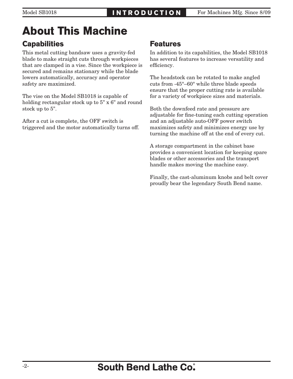 About this machine, Capabilities, Features | Southbend Swivel Mast Bandsaw sb1018 User Manual | Page 4 / 56
