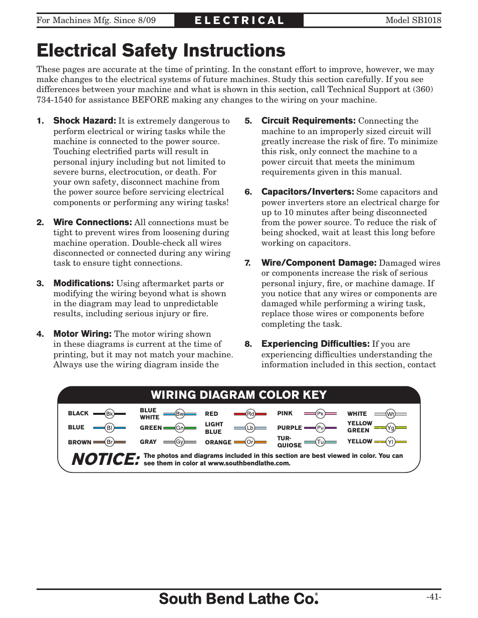 Electrical safety instructions, Notice, Wiring diagram color key | Southbend Swivel Mast Bandsaw sb1018 User Manual | Page 43 / 56