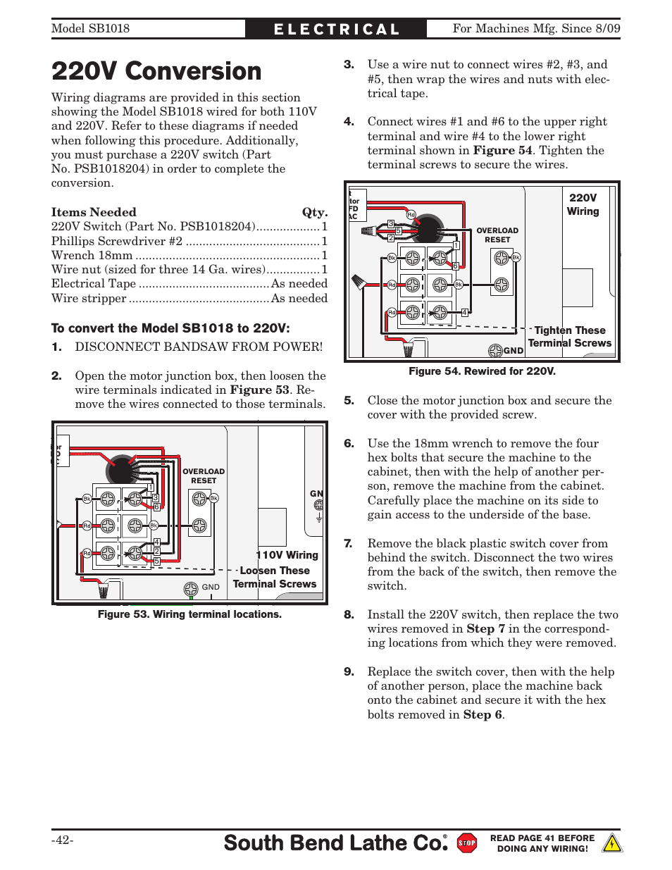 220v conversion, 220 vac | Southbend Swivel Mast Bandsaw sb1018 User Manual | Page 44 / 56