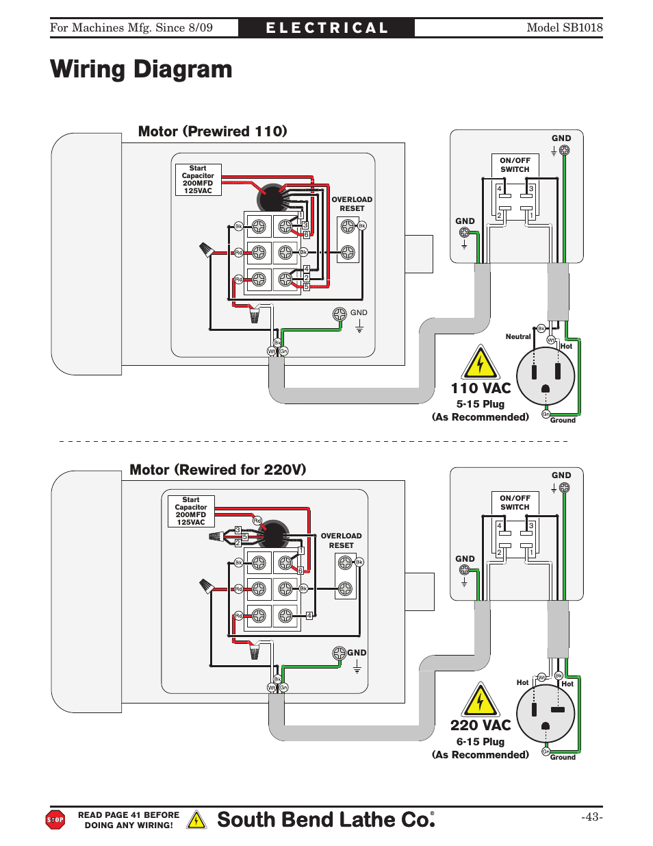 Wiring diagram, 220 vac | Southbend Swivel Mast Bandsaw sb1018 User Manual | Page 45 / 56