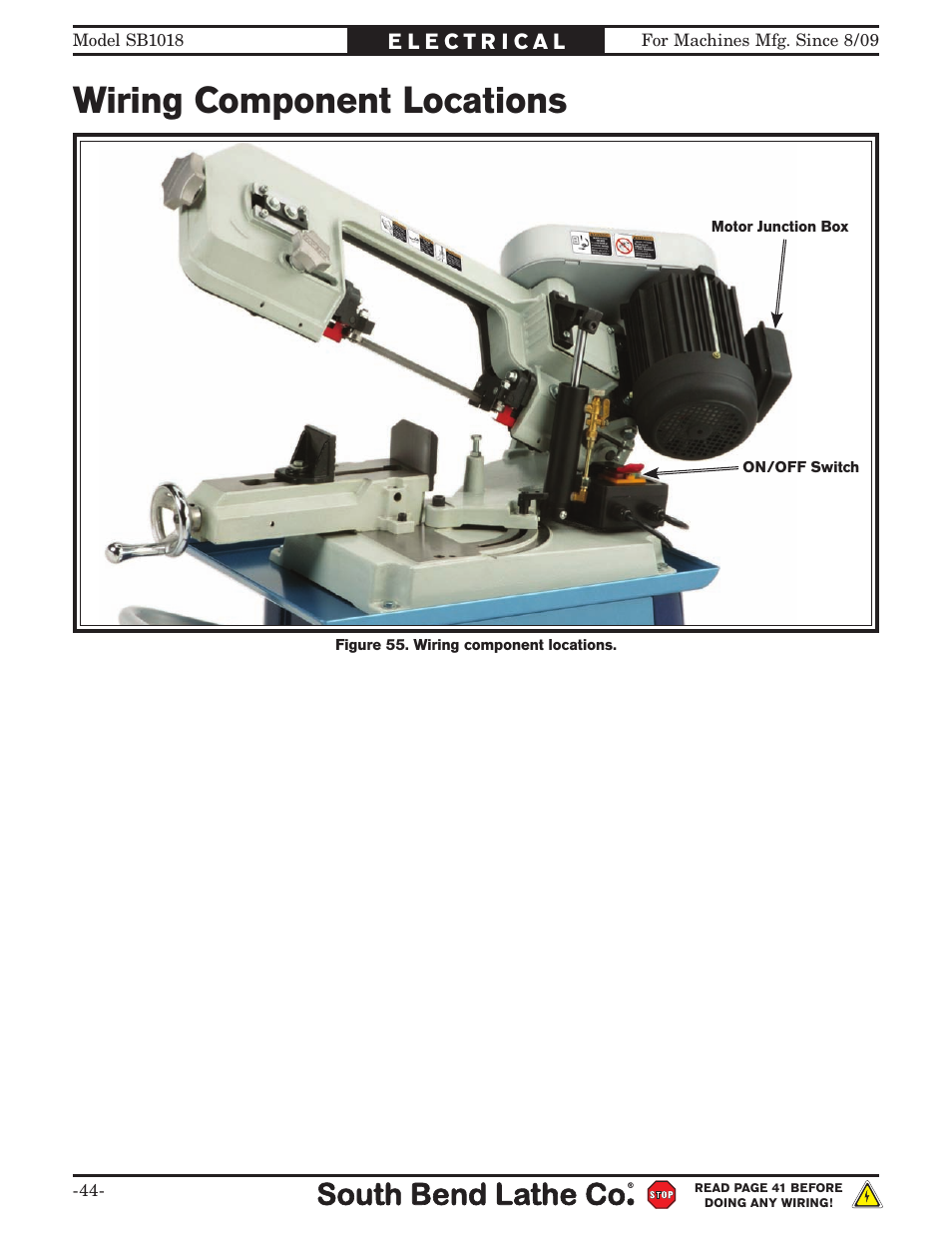 Wiring component locations | Southbend Swivel Mast Bandsaw sb1018 User Manual | Page 46 / 56