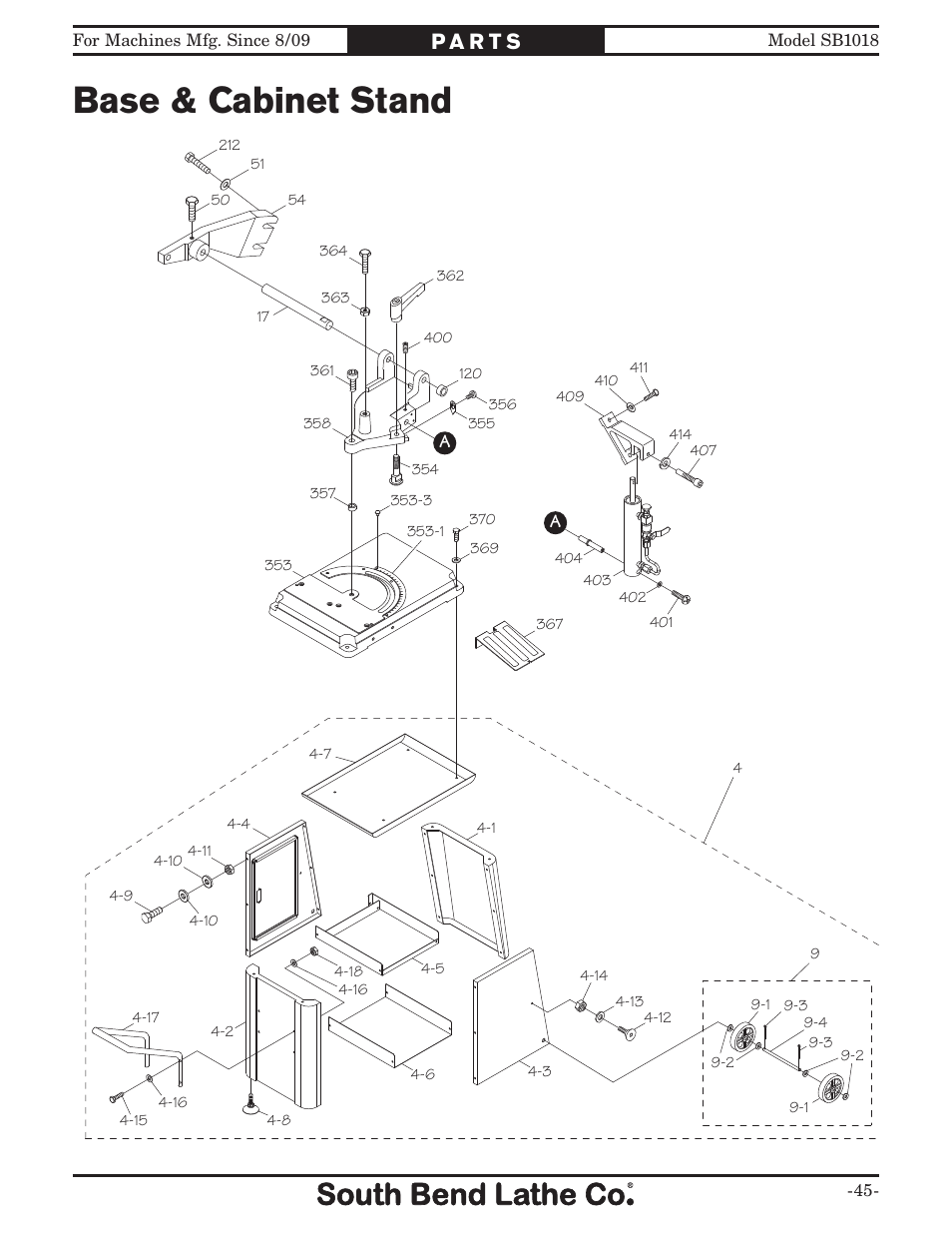 Base & cabinet stand | Southbend Swivel Mast Bandsaw sb1018 User Manual | Page 47 / 56