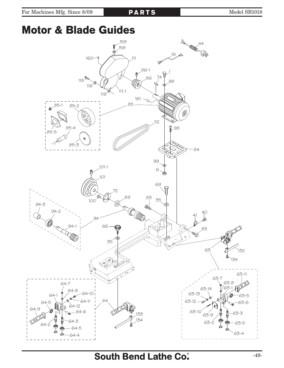 Motor & blade guides | Southbend Swivel Mast Bandsaw sb1018 User Manual | Page 51 / 56