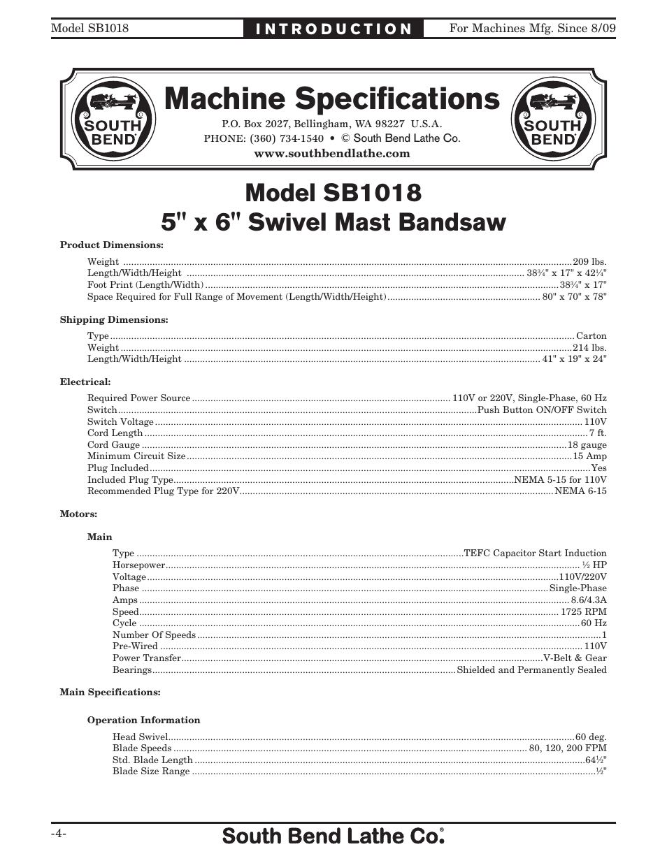Machine specifications | Southbend Swivel Mast Bandsaw sb1018 User Manual | Page 6 / 56