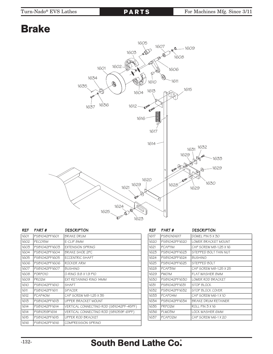 Brake, For machines mfg. since 3/11 turn-nado, Evs lathes | Southbend South Bend SB1042PF User Manual | Page 134 / 140