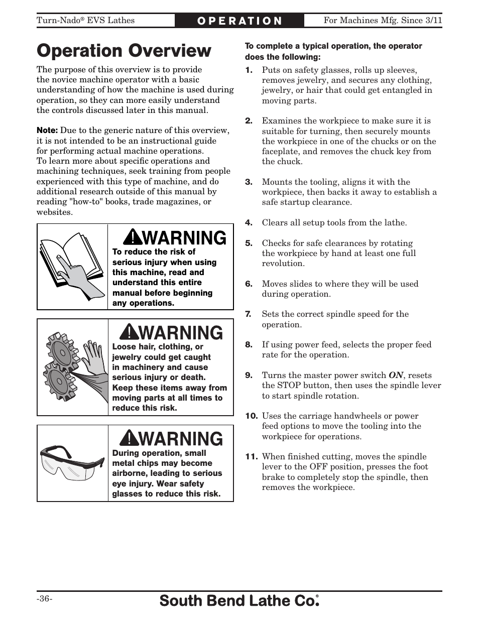 Operation overview | Southbend South Bend SB1042PF User Manual | Page 38 / 140