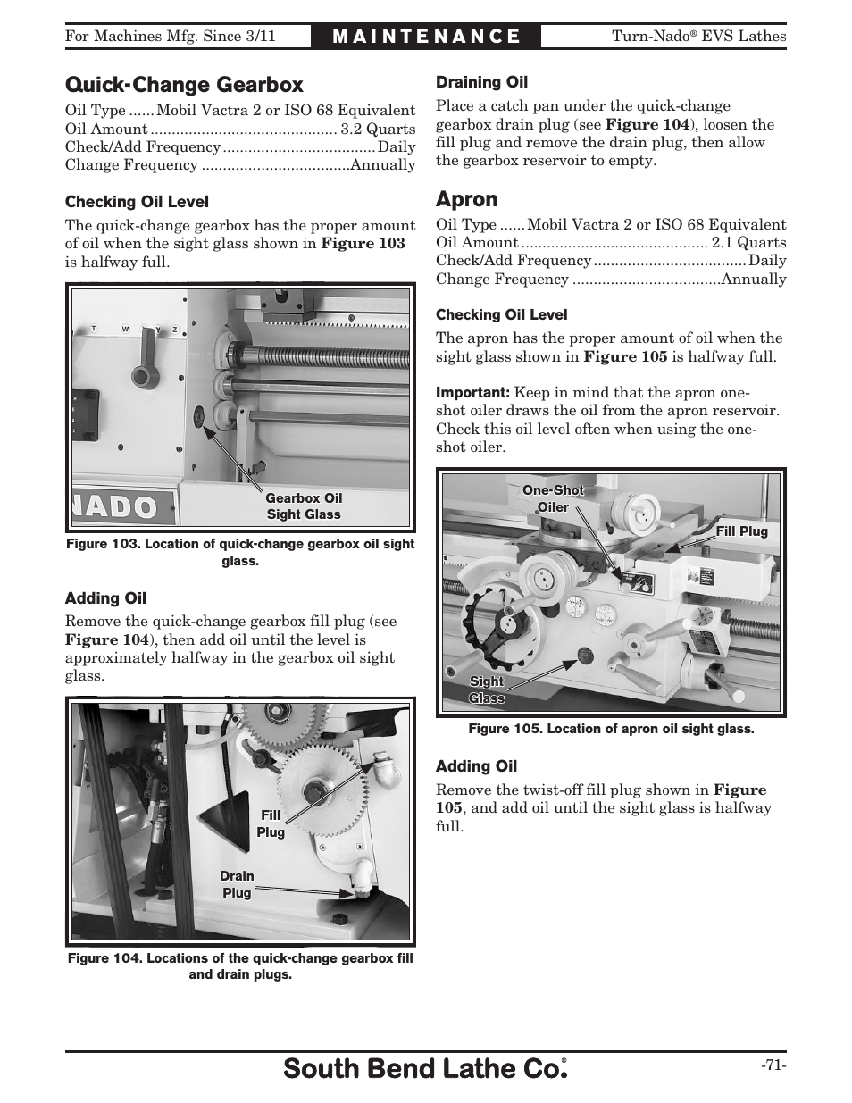 Quick-change gearbox, Apron | Southbend South Bend SB1042PF User Manual | Page 73 / 140