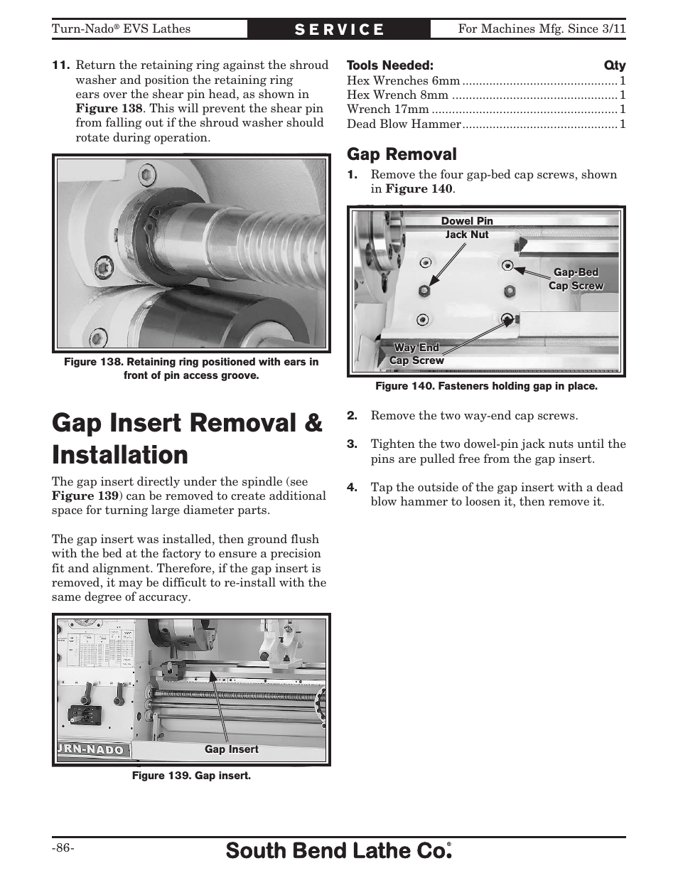 Gap insert removal & installation, Gap removal | Southbend South Bend SB1042PF User Manual | Page 88 / 140