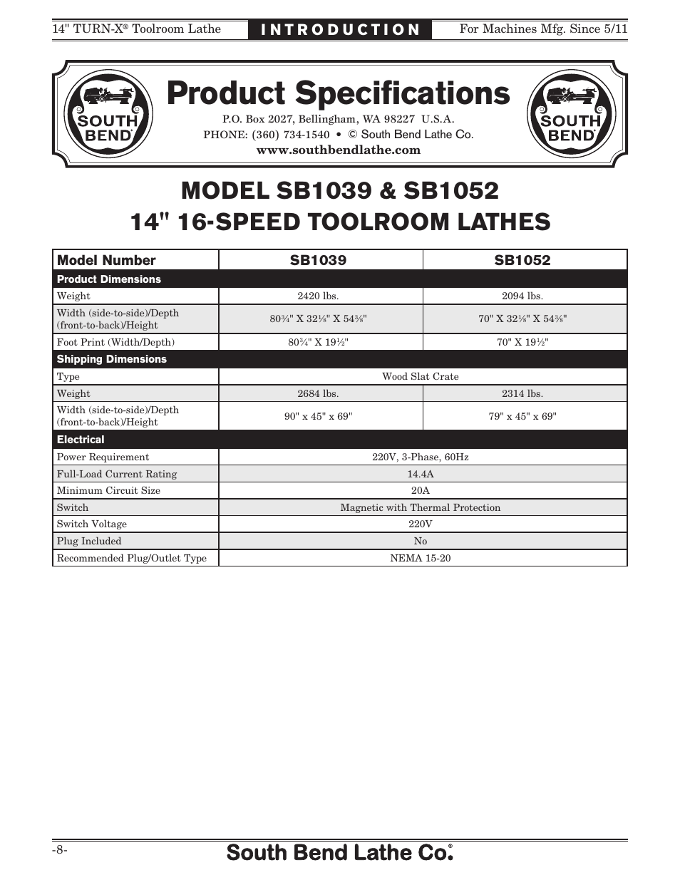 Product specifications | Southbend 14" Turn-X Toolroom Lathe 14"x 40" sb1039 User Manual | Page 10 / 132