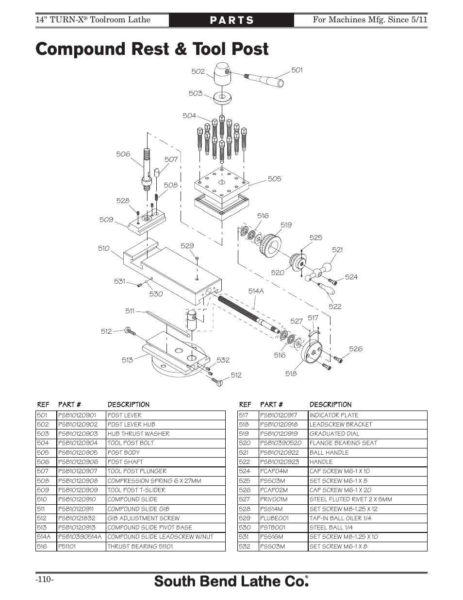 Compound rest & tool post | Southbend 14" Turn-X Toolroom Lathe 14"x 40" sb1039 User Manual | Page 112 / 132