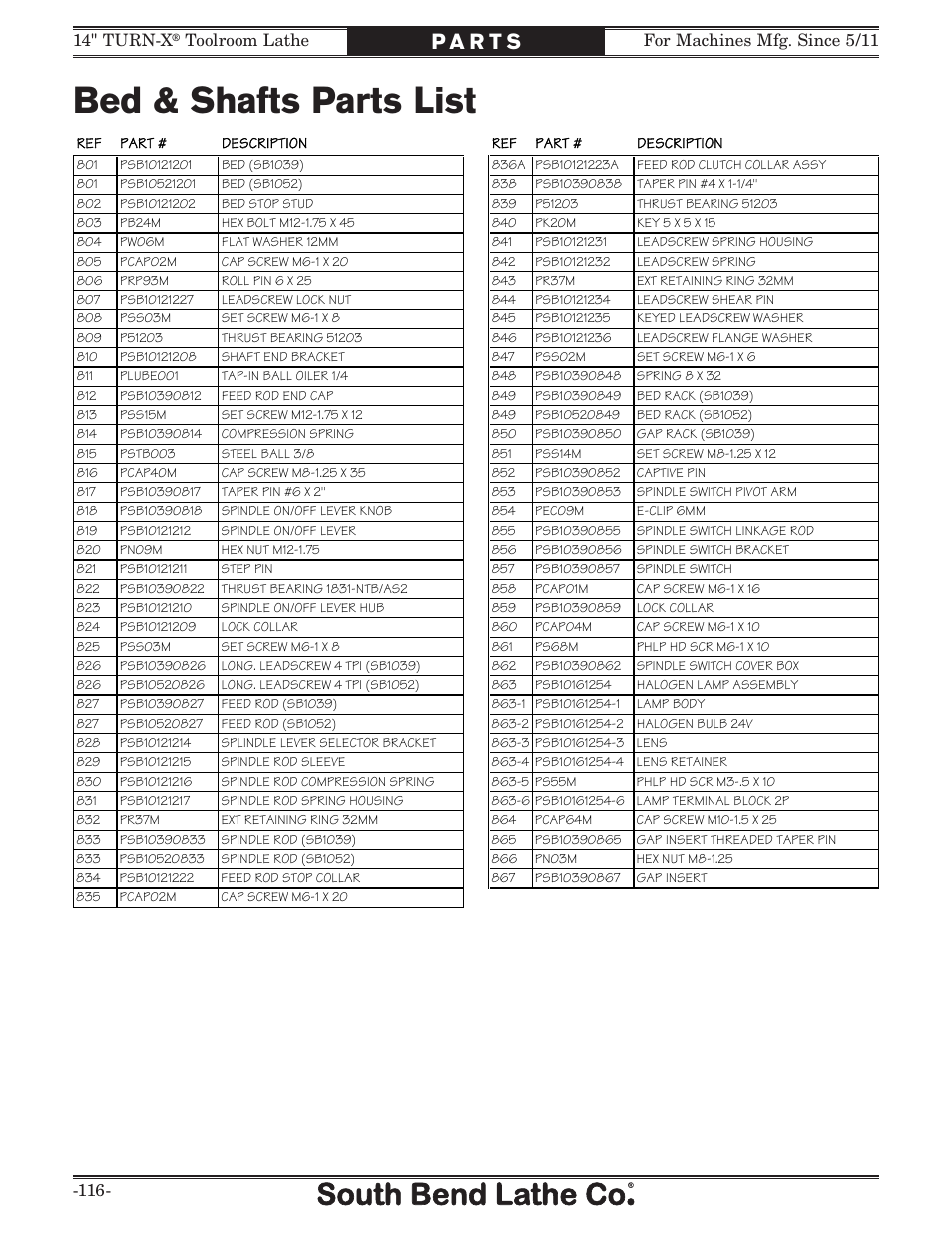 Bed & shafts parts list, Toolroom lathe | Southbend 14" Turn-X Toolroom Lathe 14"x 40" sb1039 User Manual | Page 118 / 132