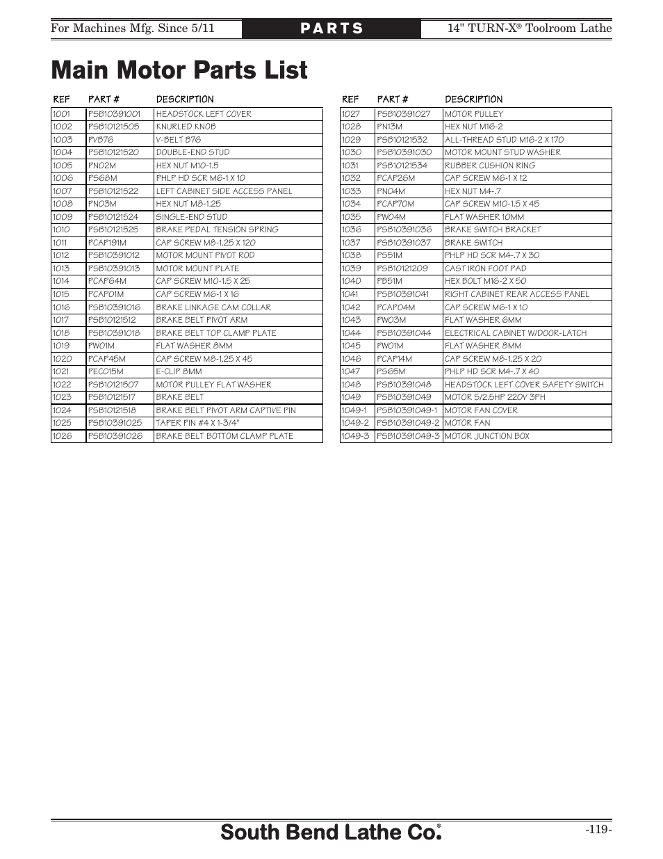 Main motor parts list, Toolroom lathe -119 | Southbend 14" Turn-X Toolroom Lathe 14"x 40" sb1039 User Manual | Page 121 / 132