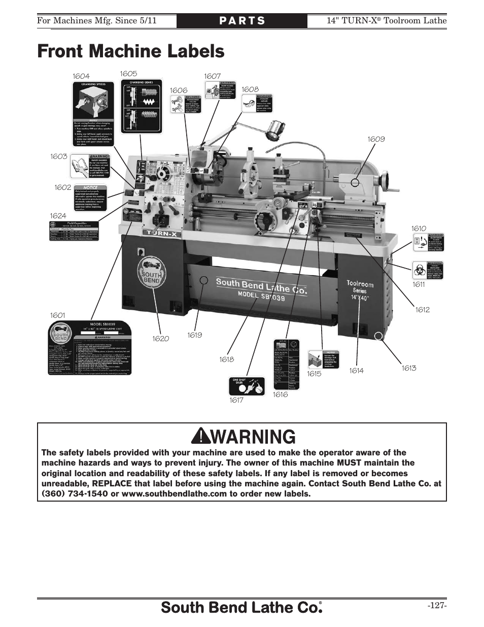 Front machine labels | Southbend 14" Turn-X Toolroom Lathe 14"x 40" sb1039 User Manual | Page 129 / 132