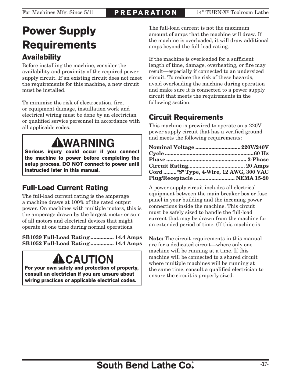 Power supply requirements, Availability, Full-load current rating | Circuit requirements | Southbend 14" Turn-X Toolroom Lathe 14"x 40" sb1039 User Manual | Page 19 / 132