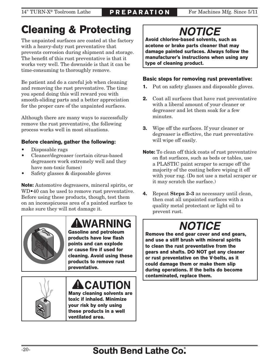 Cleaning & protecting | Southbend 14" Turn-X Toolroom Lathe 14"x 40" sb1039 User Manual | Page 22 / 132