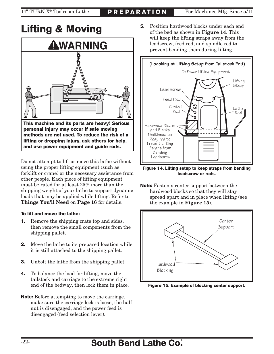 Lifting & moving | Southbend 14" Turn-X Toolroom Lathe 14"x 40" sb1039 User Manual | Page 24 / 132