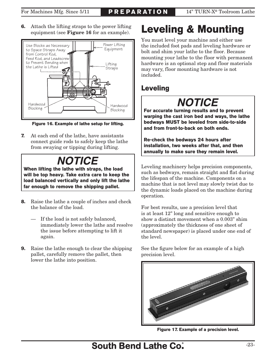 Leveling & mounting, Leveling | Southbend 14" Turn-X Toolroom Lathe 14"x 40" sb1039 User Manual | Page 25 / 132