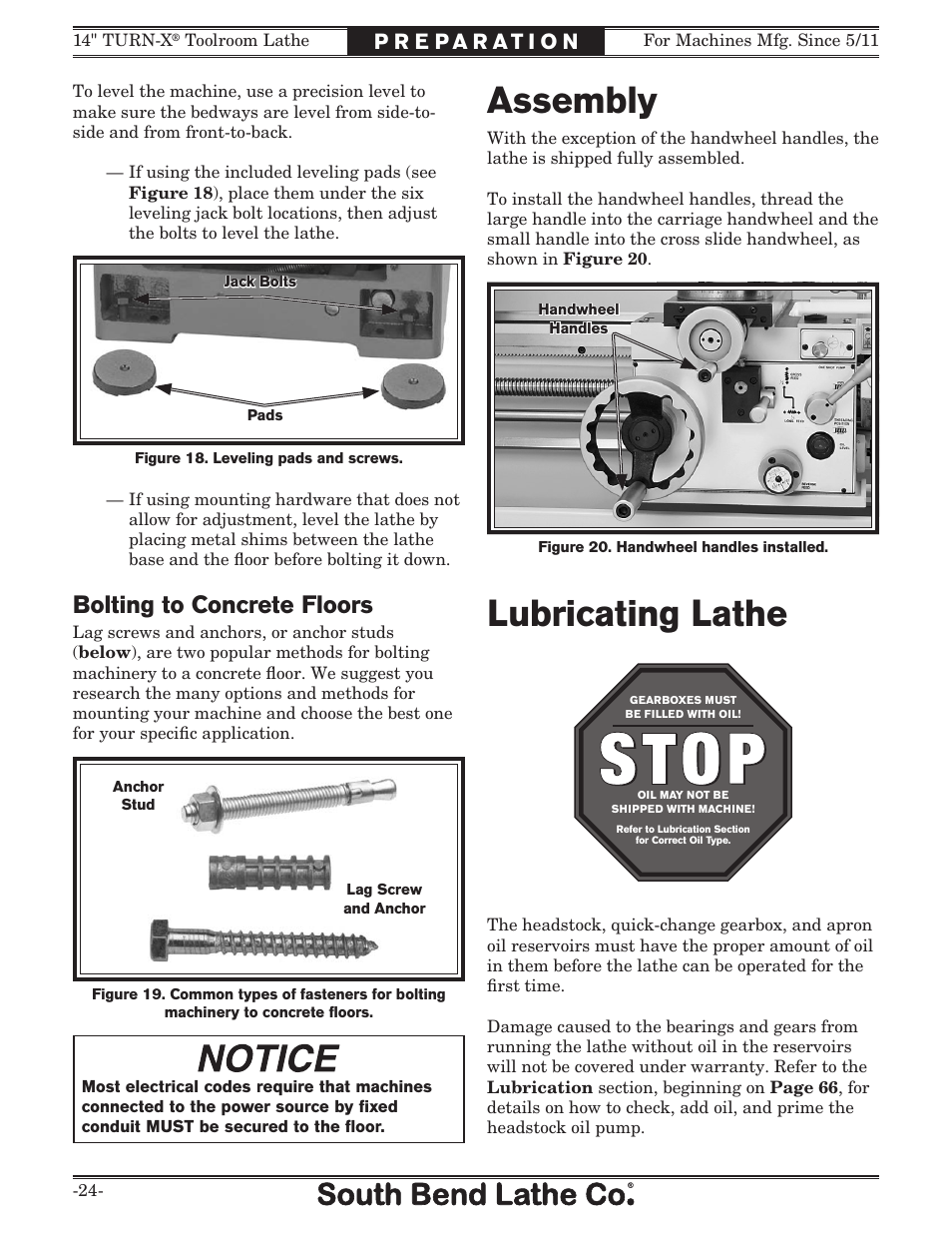 Assembly, Lubricating lathe, Bolting to concrete floors | Southbend 14" Turn-X Toolroom Lathe 14"x 40" sb1039 User Manual | Page 26 / 132