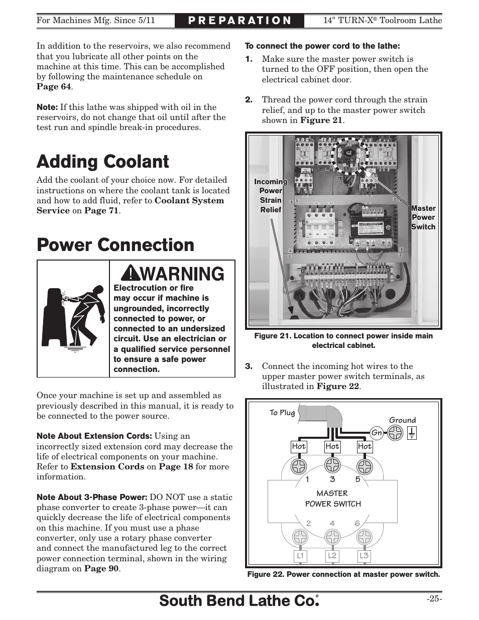 Adding coolant, Power connection | Southbend 14" Turn-X Toolroom Lathe 14"x 40" sb1039 User Manual | Page 27 / 132