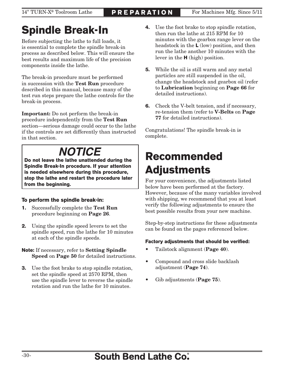 Spindle break-in, Recommended adjustments | Southbend 14" Turn-X Toolroom Lathe 14"x 40" sb1039 User Manual | Page 32 / 132