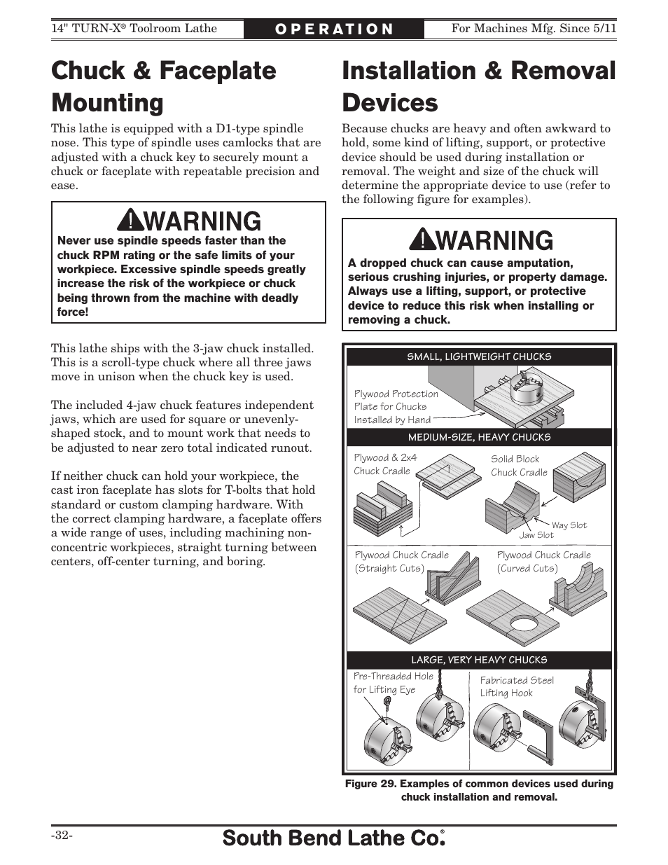 Chuck & faceplate mounting, Installation & removal devices | Southbend 14" Turn-X Toolroom Lathe 14"x 40" sb1039 User Manual | Page 34 / 132