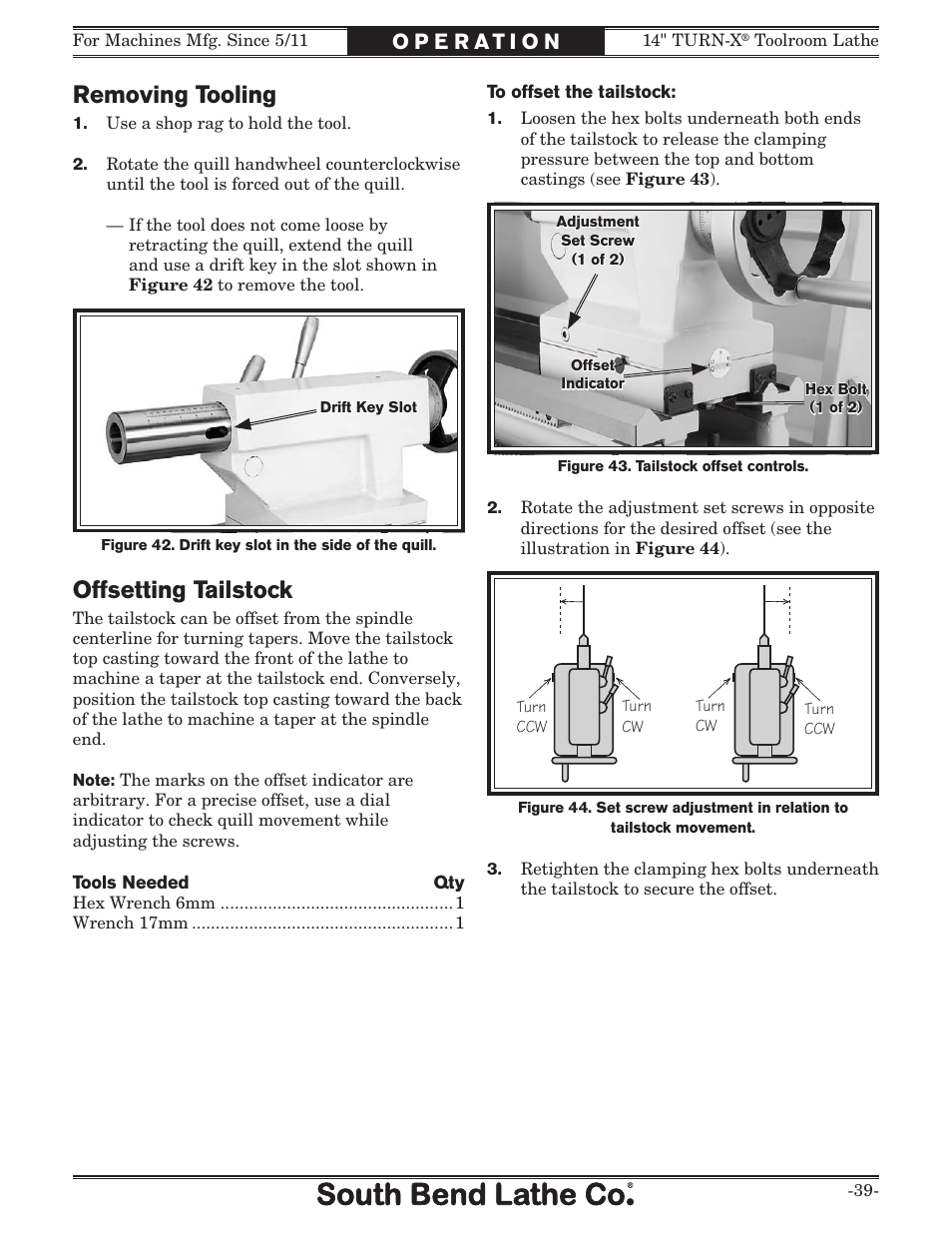 Removing tooling, Offsetting tailstock | Southbend 14" Turn-X Toolroom Lathe 14"x 40" sb1039 User Manual | Page 41 / 132