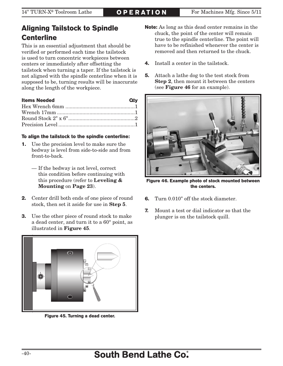 Aligning tailstock to spindle centerline | Southbend 14" Turn-X Toolroom Lathe 14"x 40" sb1039 User Manual | Page 42 / 132