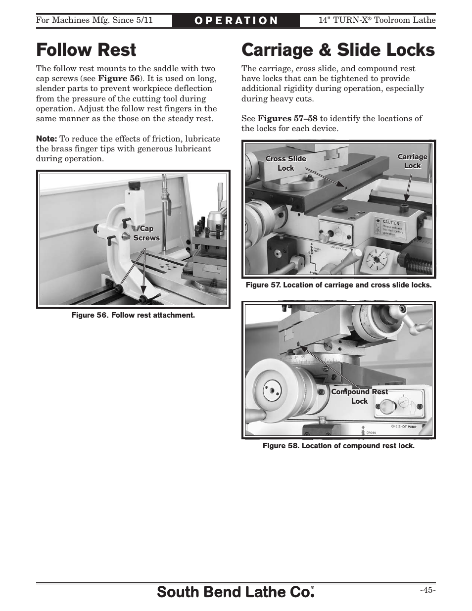 Follow rest, Carriage & slide locks | Southbend 14" Turn-X Toolroom Lathe 14"x 40" sb1039 User Manual | Page 47 / 132