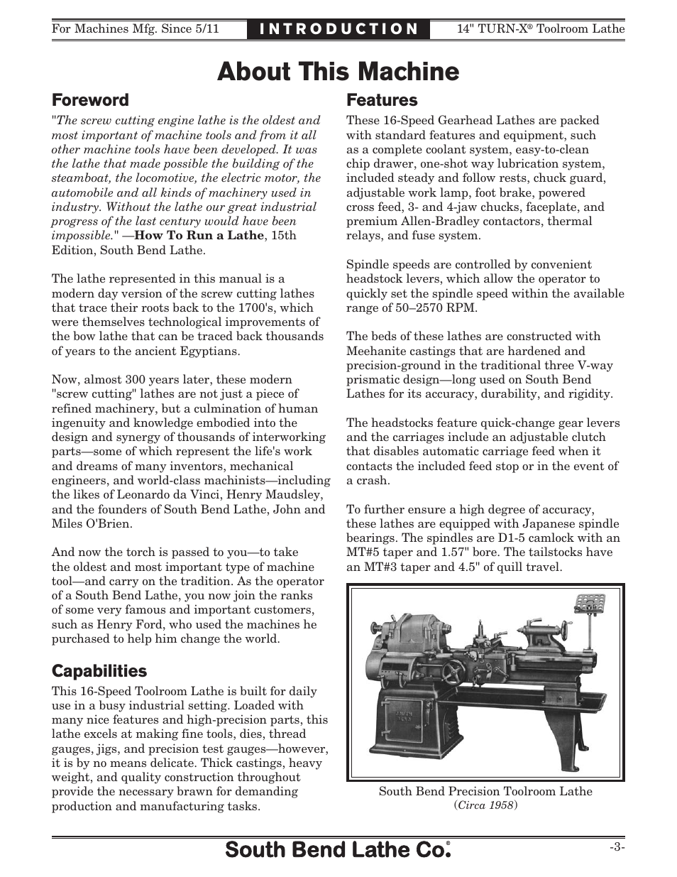 About this machine, Foreword, Capabilities | Features | Southbend 14" Turn-X Toolroom Lathe 14"x 40" sb1039 User Manual | Page 5 / 132