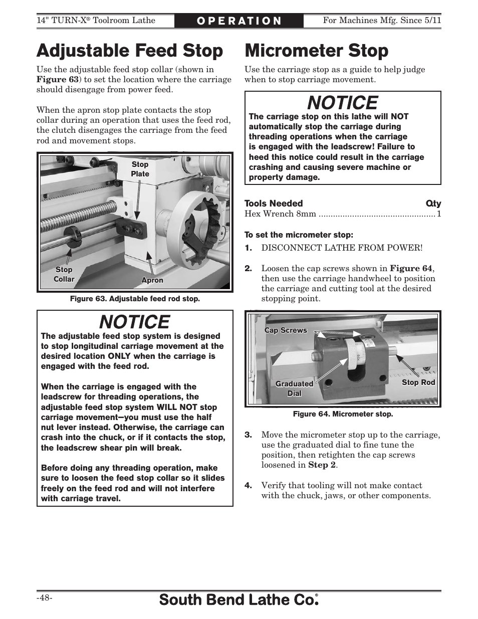 Micrometer stop, Adjustable feed stop | Southbend 14" Turn-X Toolroom Lathe 14"x 40" sb1039 User Manual | Page 50 / 132