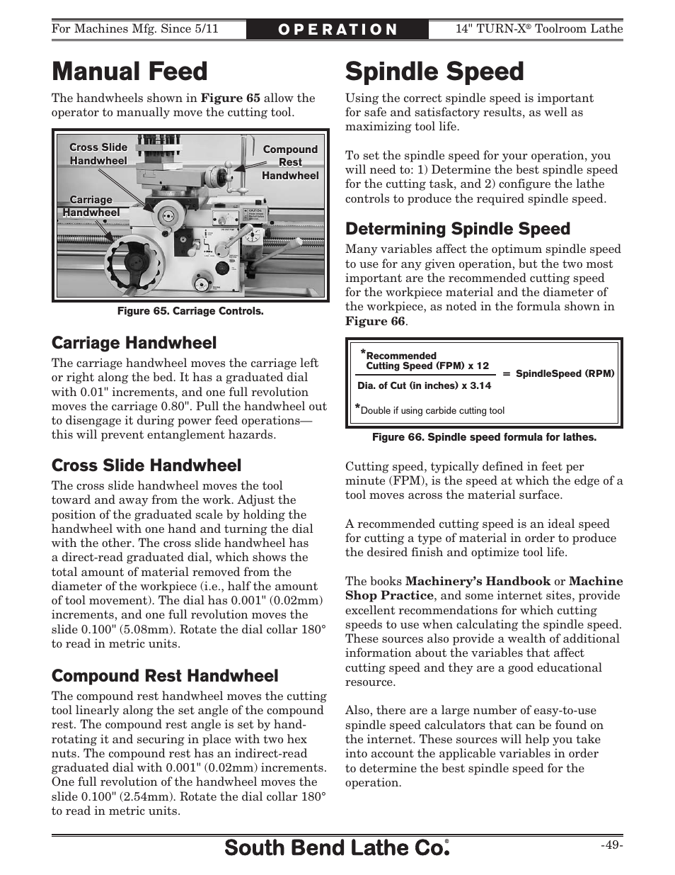 Manual feed, Spindle speed, Carriage handwheel | Cross slide handwheel, Compound rest handwheel, Determining spindle speed | Southbend 14" Turn-X Toolroom Lathe 14"x 40" sb1039 User Manual | Page 51 / 132