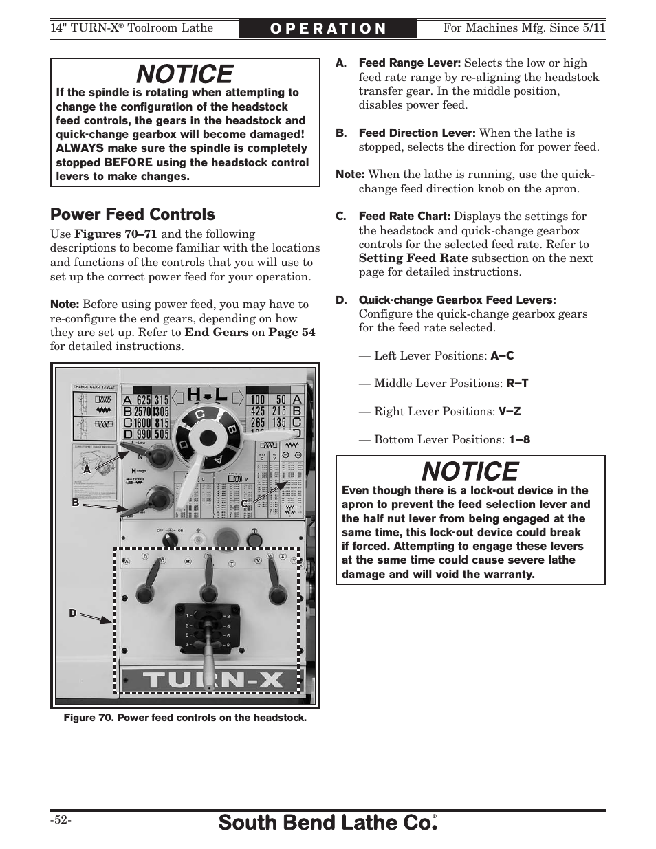 Power feed controls | Southbend 14" Turn-X Toolroom Lathe 14"x 40" sb1039 User Manual | Page 54 / 132