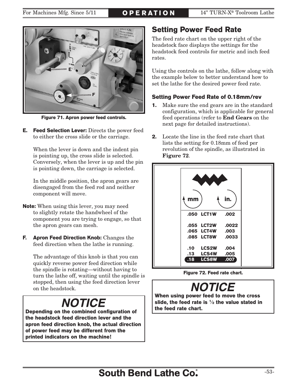 Setting power feed rate, Mm in | Southbend 14" Turn-X Toolroom Lathe 14"x 40" sb1039 User Manual | Page 55 / 132