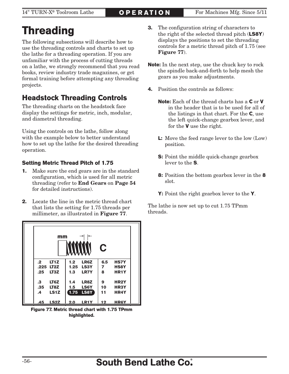 Threading, Headstock threading controls | Southbend 14" Turn-X Toolroom Lathe 14"x 40" sb1039 User Manual | Page 58 / 132