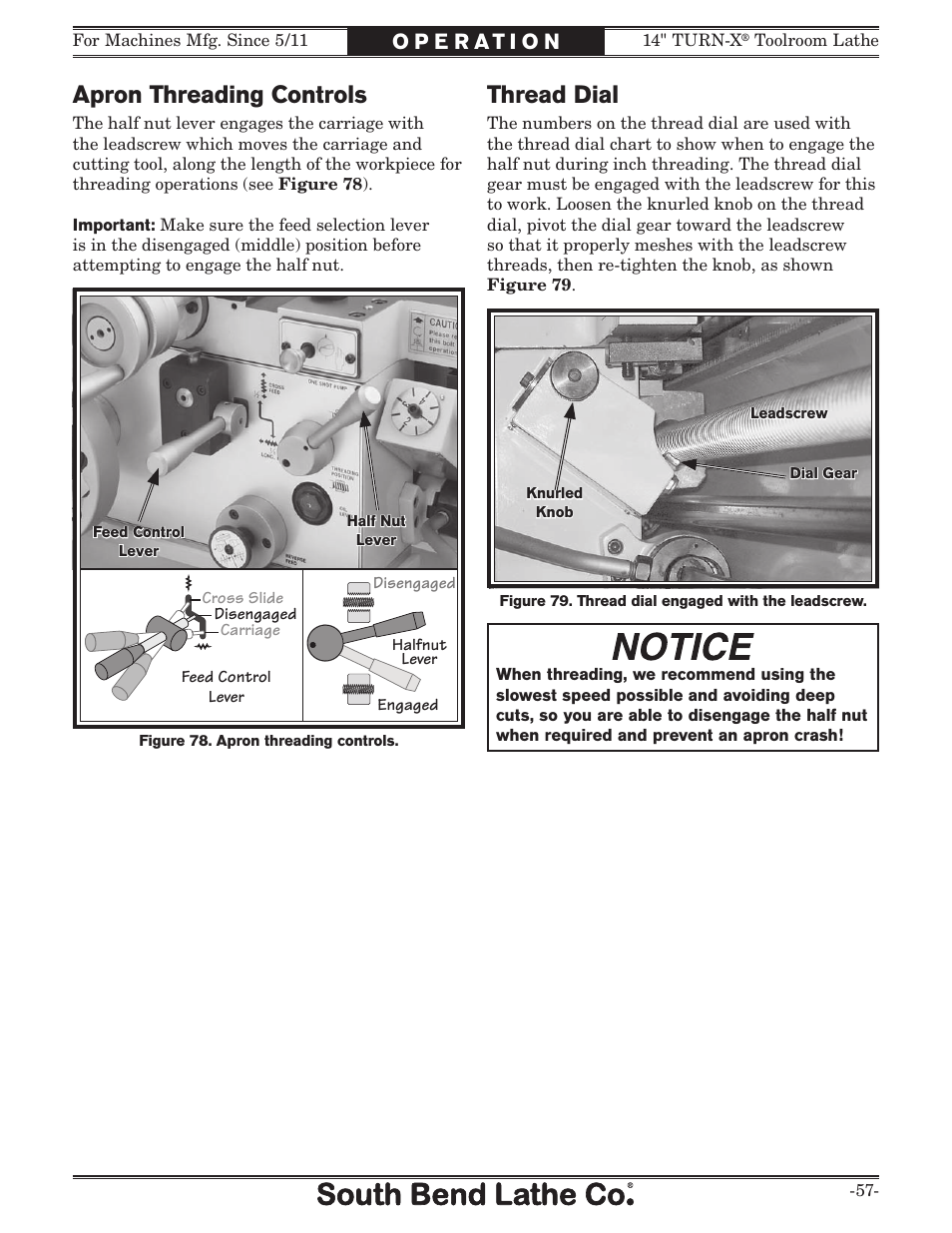 Apron threading controls, Thread dial | Southbend 14" Turn-X Toolroom Lathe 14"x 40" sb1039 User Manual | Page 59 / 132