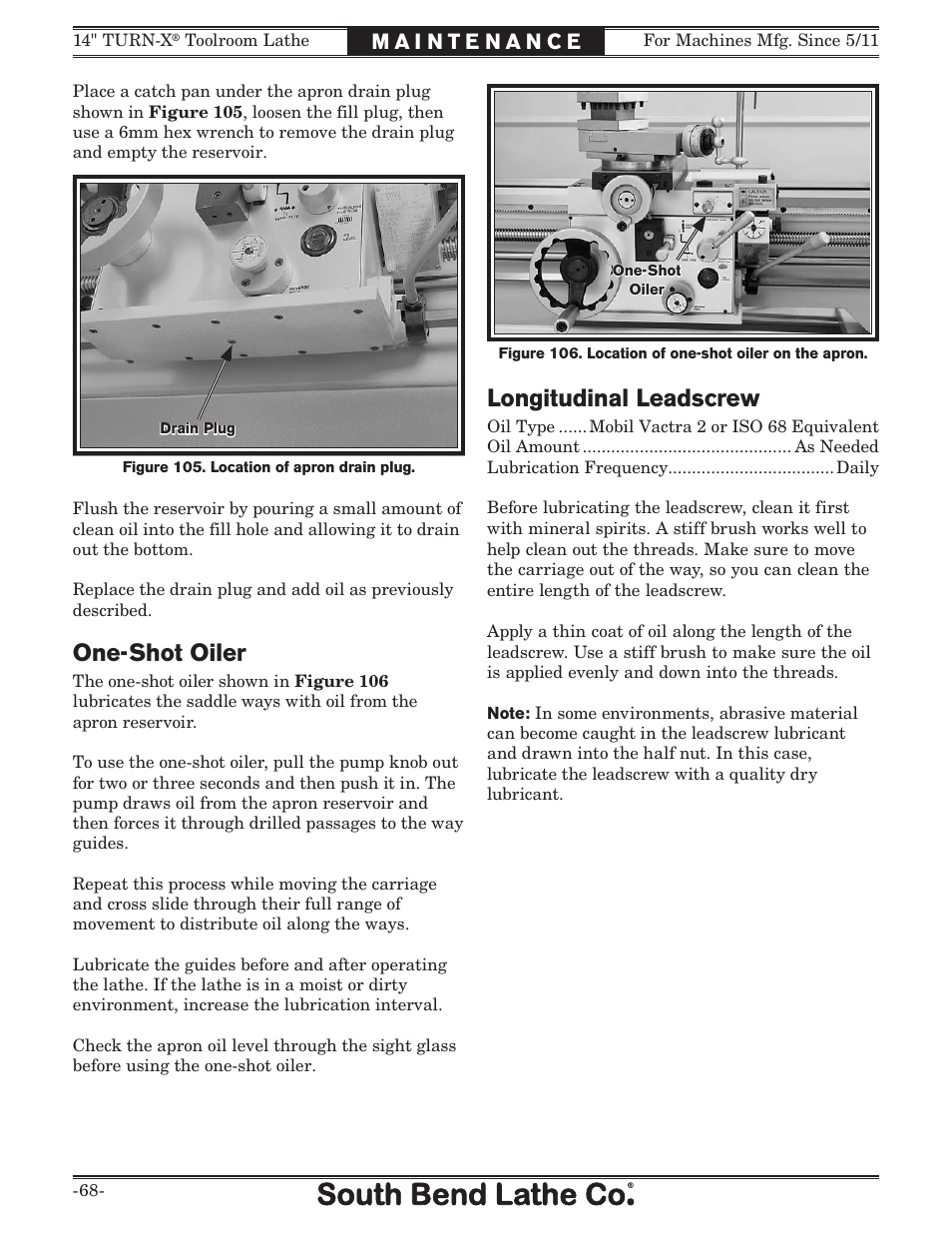 One-shot oiler, Longitudinal leadscrew | Southbend 14" Turn-X Toolroom Lathe 14"x 40" sb1039 User Manual | Page 70 / 132