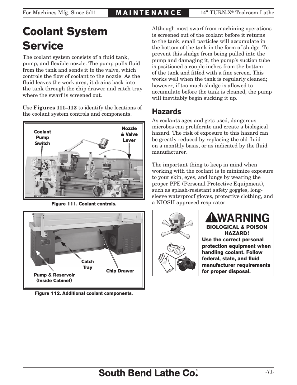 Coolant system service, Hazards | Southbend 14" Turn-X Toolroom Lathe 14"x 40" sb1039 User Manual | Page 73 / 132