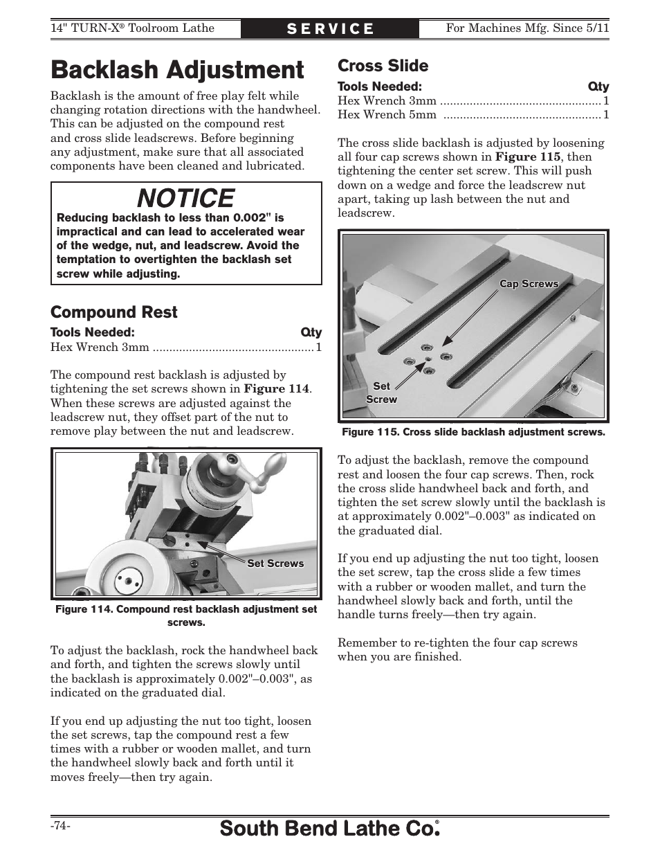 Backlash adjustment, Cross slide, Compound rest | Southbend 14" Turn-X Toolroom Lathe 14"x 40" sb1039 User Manual | Page 76 / 132