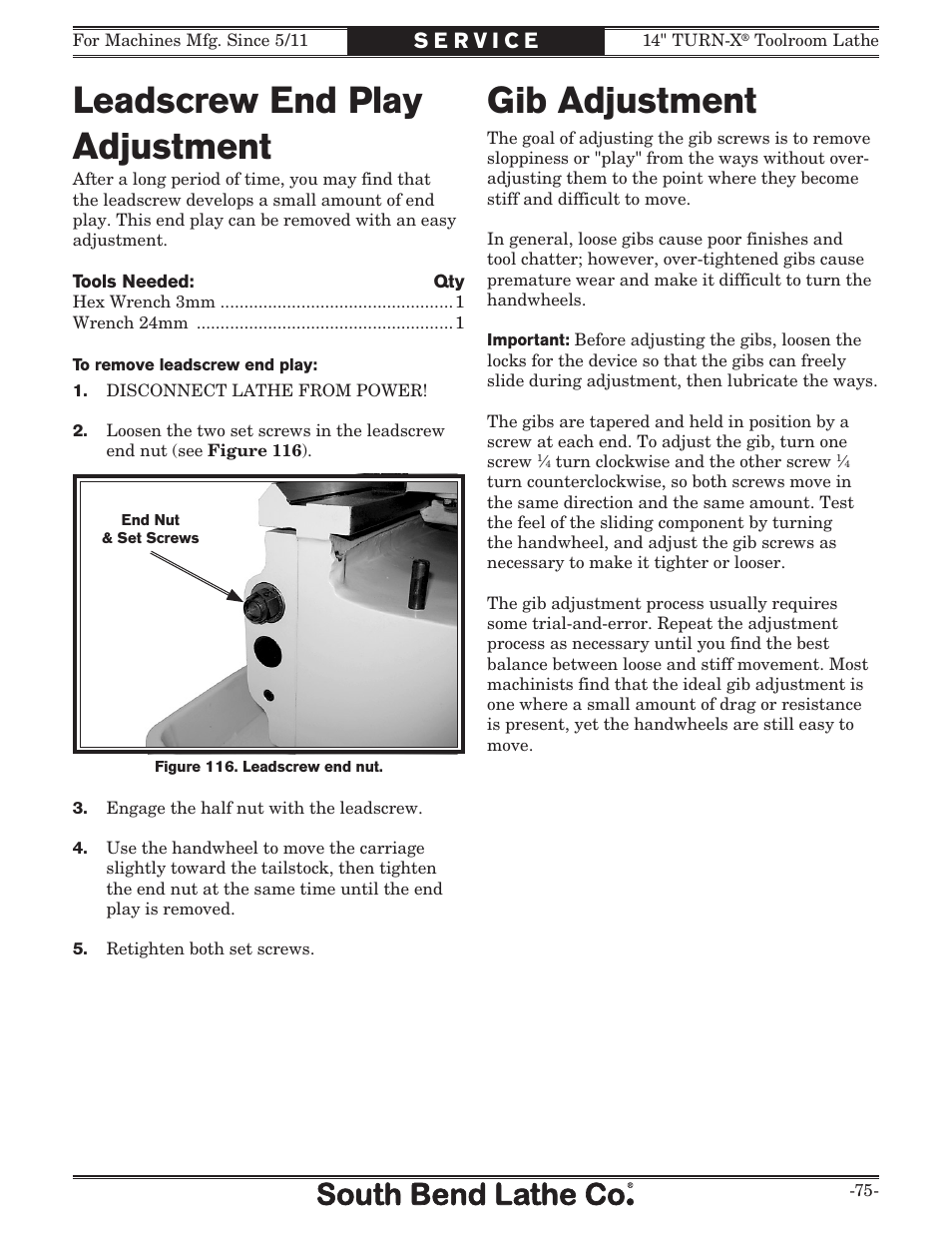 Gib adjustment, Leadscrew end play adjustment | Southbend 14" Turn-X Toolroom Lathe 14"x 40" sb1039 User Manual | Page 77 / 132