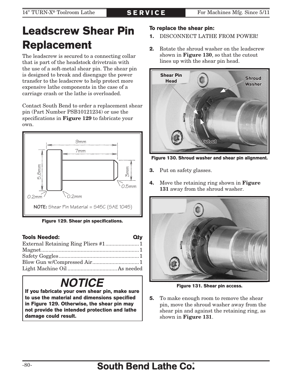 Leadscrew shear pin replacement | Southbend 14" Turn-X Toolroom Lathe 14"x 40" sb1039 User Manual | Page 82 / 132