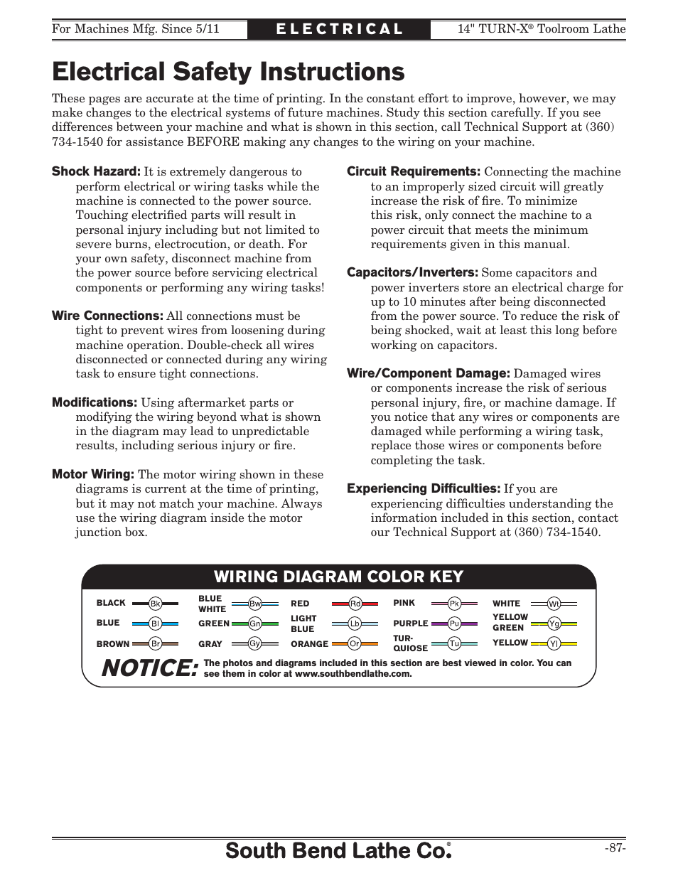 Electrical safety instructions, Notice, Wiring diagram color key | Southbend 14" Turn-X Toolroom Lathe 14"x 40" sb1039 User Manual | Page 89 / 132