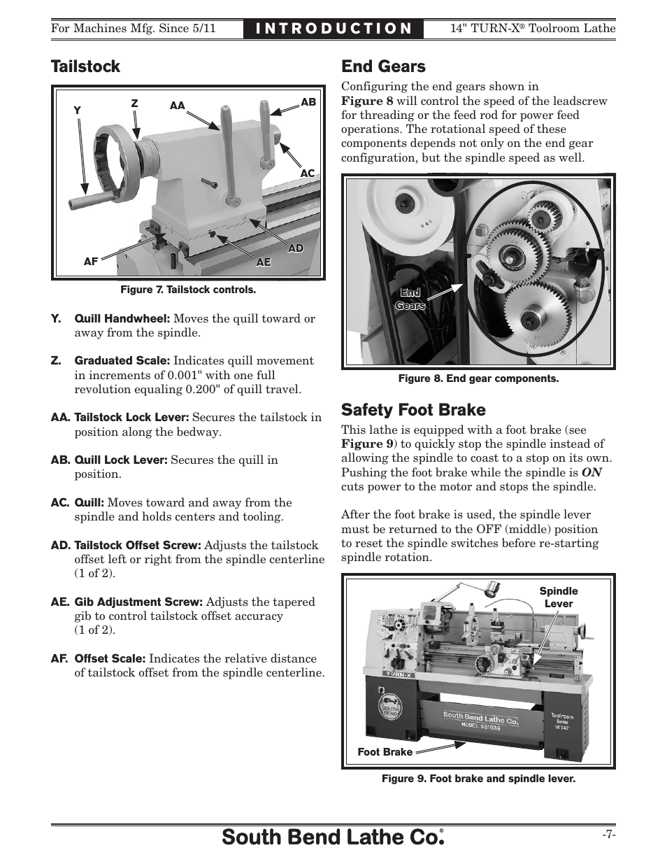 Tailstock, Safety foot brake, End gears | Southbend 14" Turn-X Toolroom Lathe 14"x 40" sb1039 User Manual | Page 9 / 132