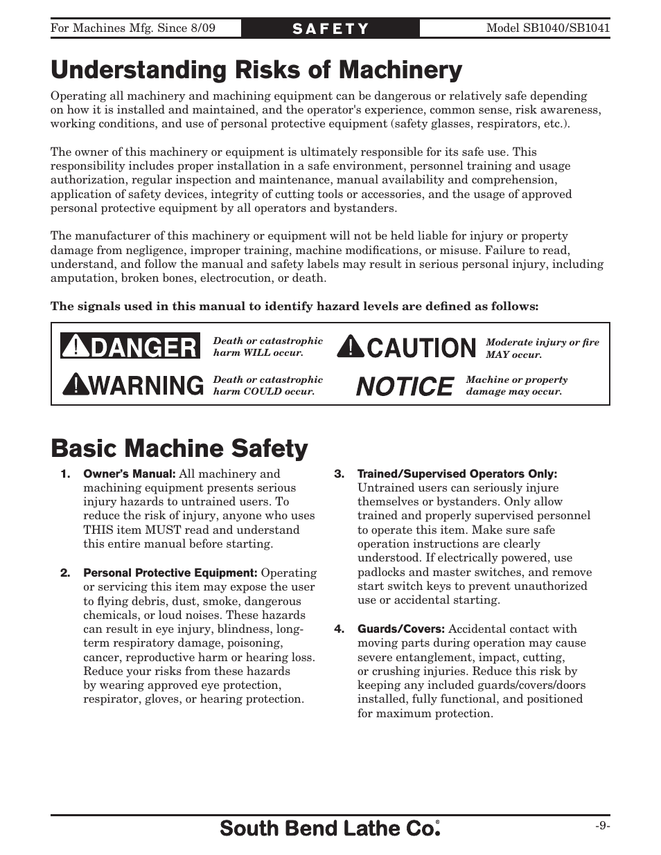 Understanding risks of machinery, Basic machine safety | Southbend SB1041 User Manual | Page 11 / 72