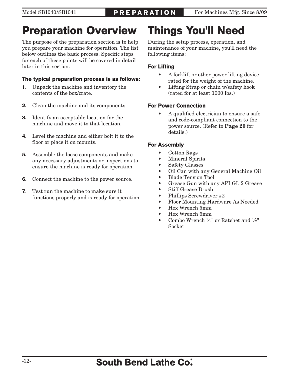 Preparation overview things you'll need | Southbend SB1041 User Manual | Page 14 / 72