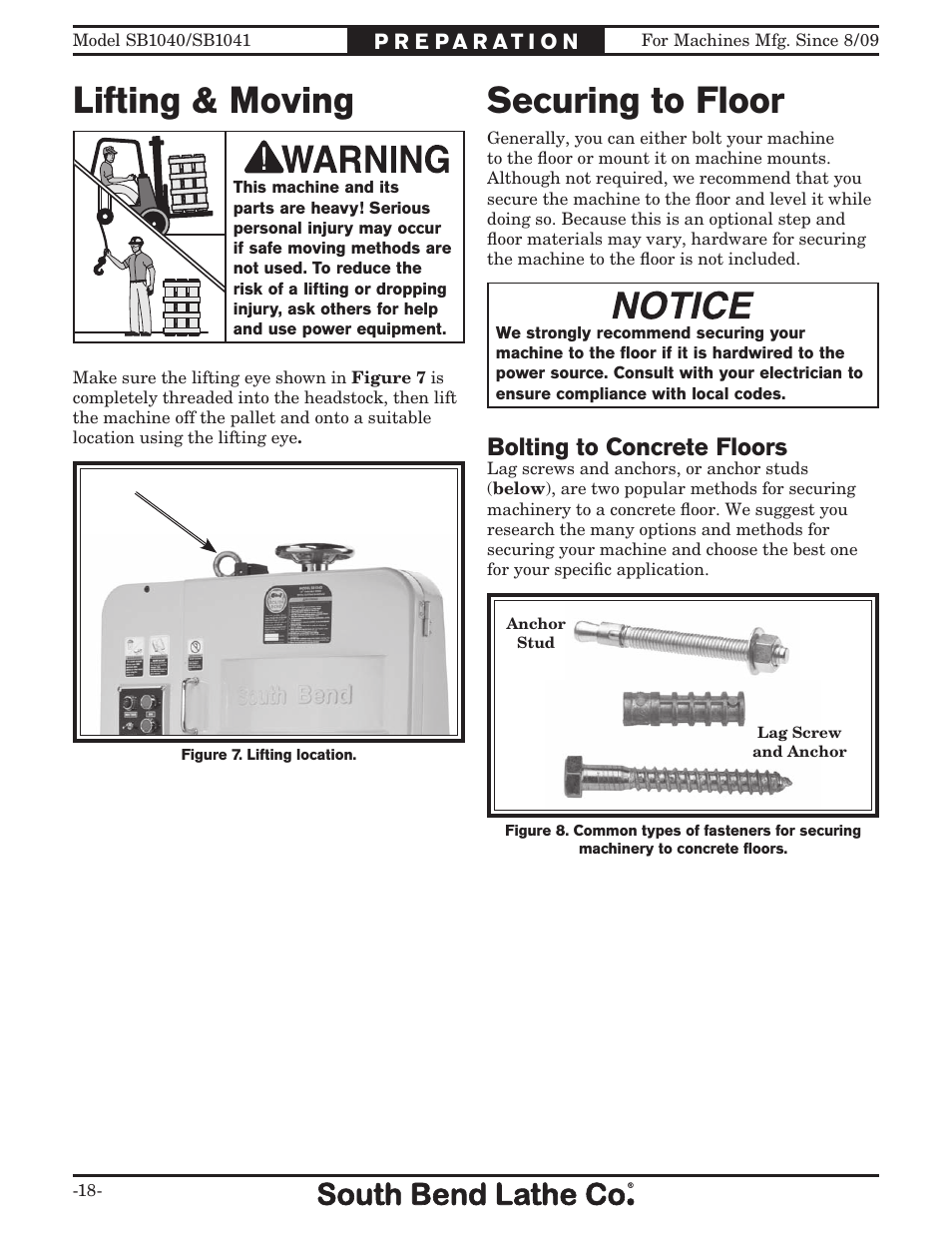 Lifting & moving, Securing to floor, Bolting to concrete floors | Southbend SB1041 User Manual | Page 20 / 72