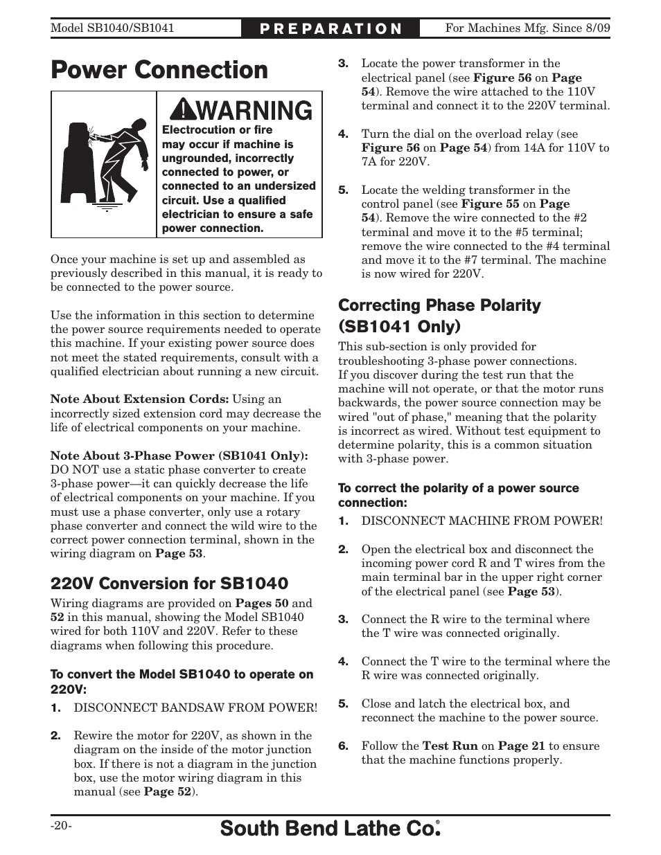 Power connection, Correcting phase polarity (sb1041 only) | Southbend SB1041 User Manual | Page 22 / 72