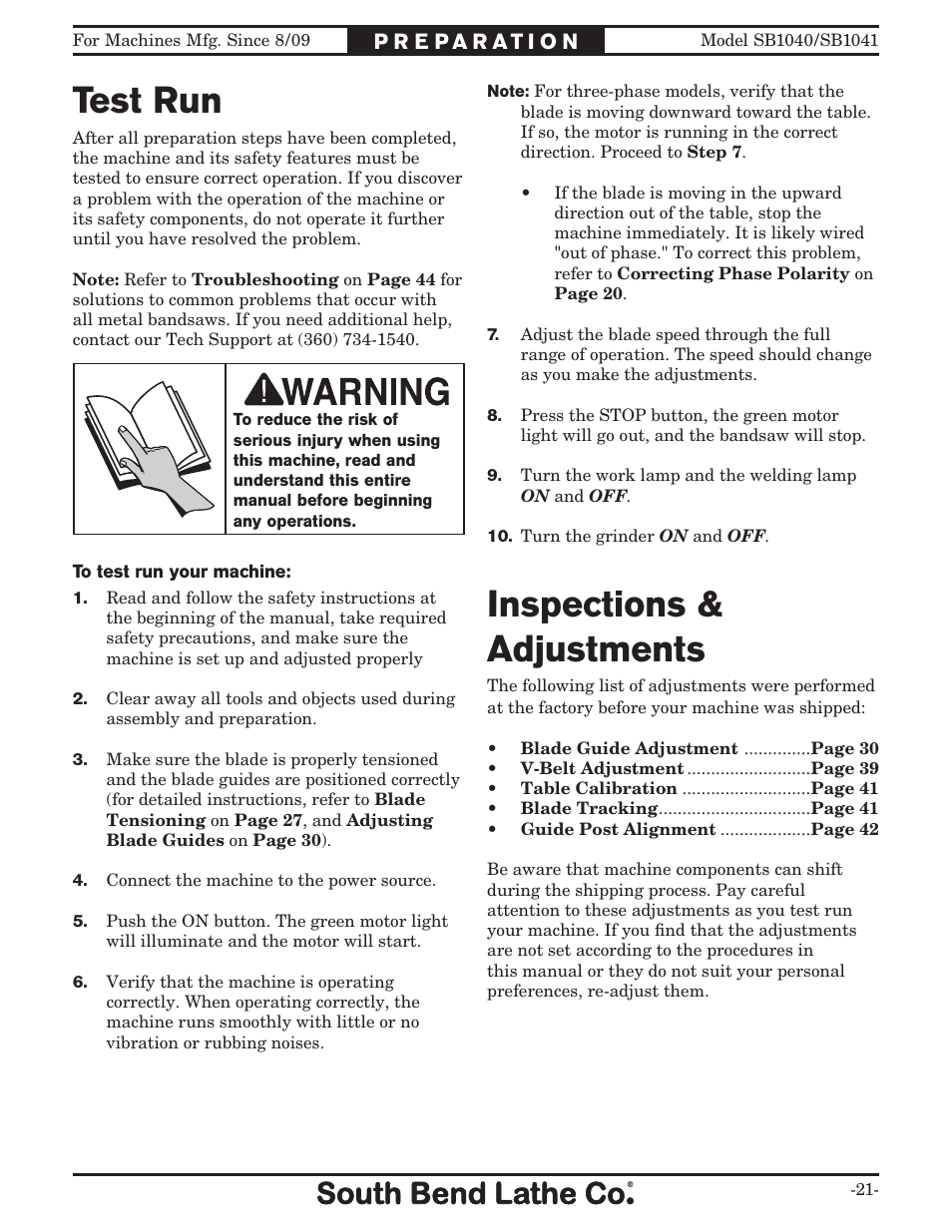 Test run, Inspections & adjustments | Southbend SB1041 User Manual | Page 23 / 72