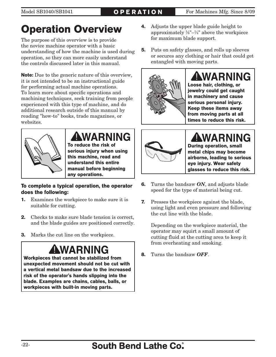Operation overview | Southbend SB1041 User Manual | Page 24 / 72